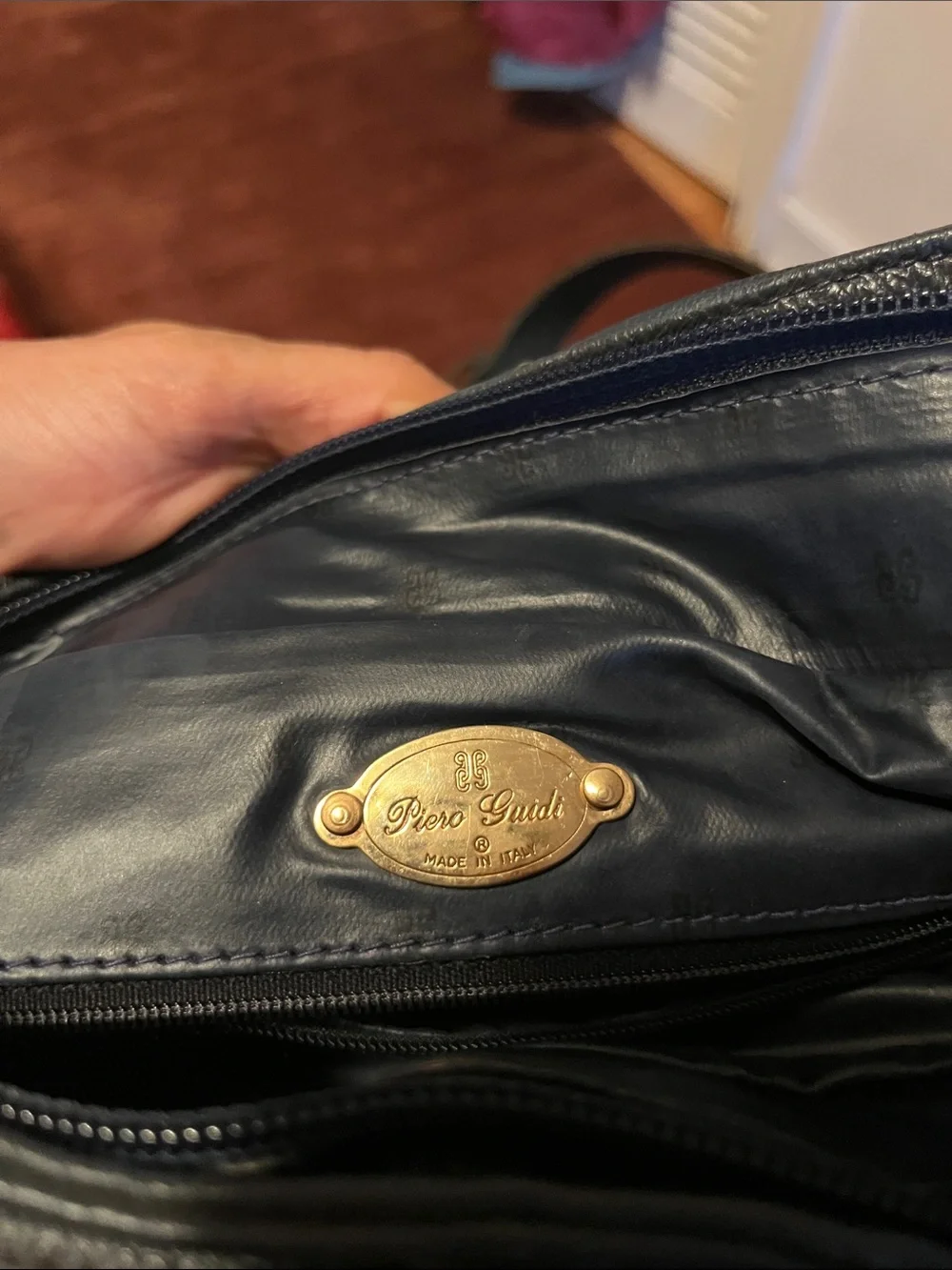 VTG Piero Guidi Navy Leather Handbag with Gold Plaque